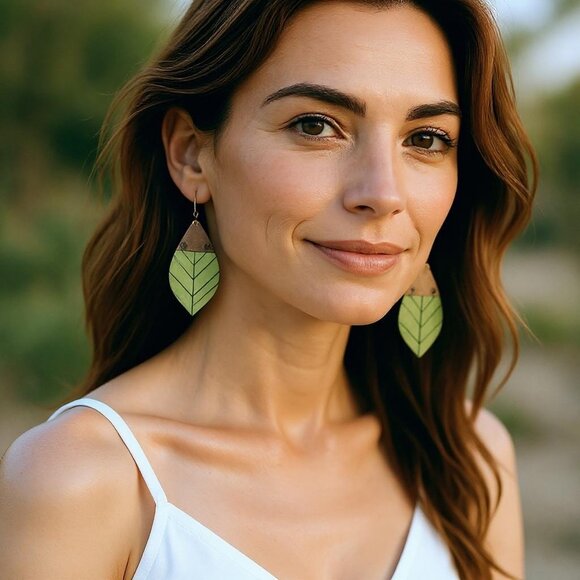 Green Leaf Dangle Earrings - Picture 2 of 2